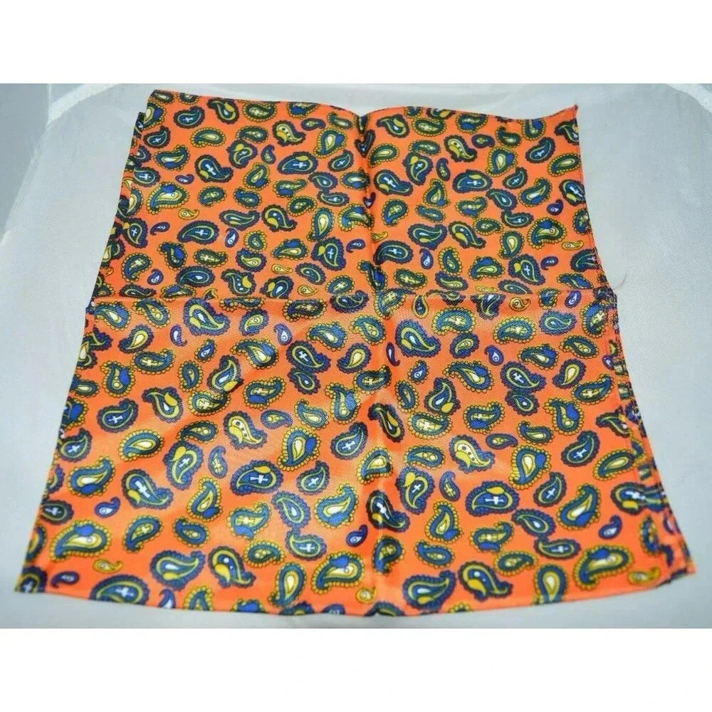 Vintage Satin Blue Orange Yellow Paisley Handkerchief Scarf